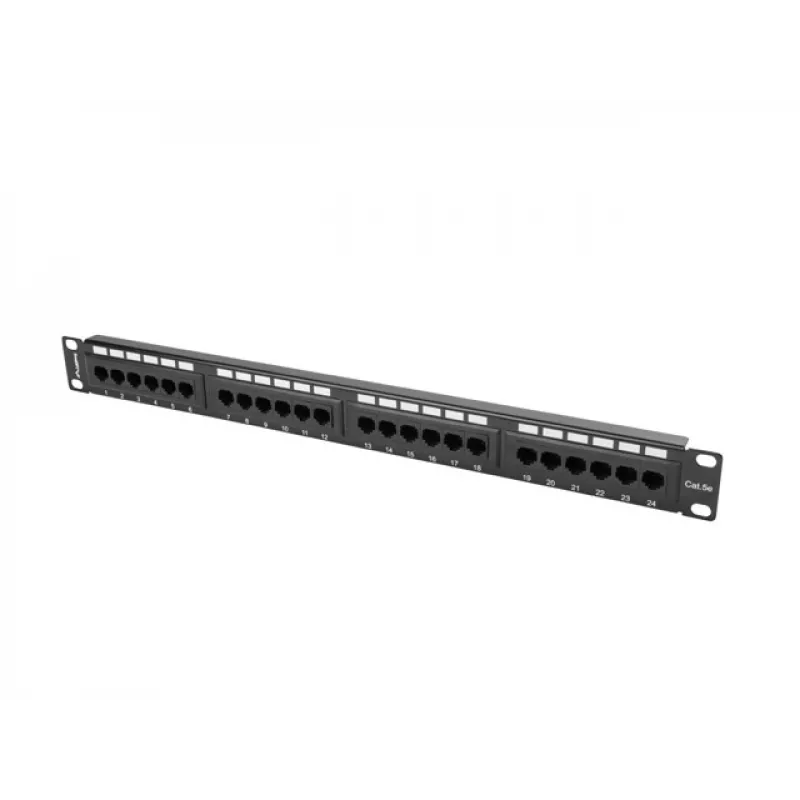 Patchpanel 1U LANBERG PPU5-1024-B – 24-Port CAT5e, Metall, Schwarz, 445×32,5×44,5 mm