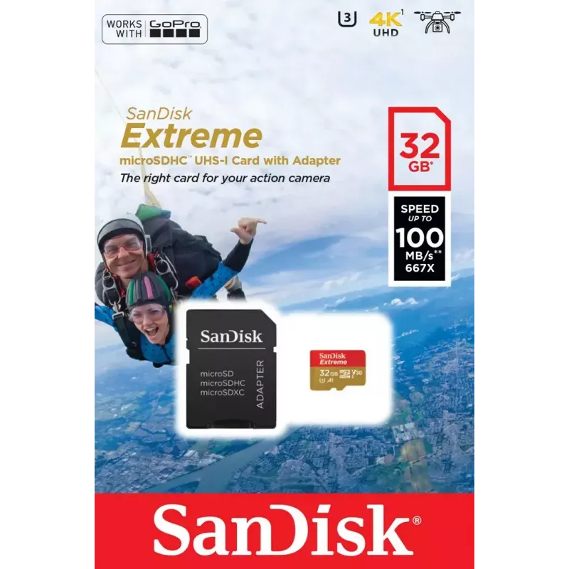 WESTERN DIGITAL SanDisk micro SDXC Extreme 32GB (A1/ V30/ U3/ UHS-I/ Cl.10/ R100/ W60) + Adapter für Action-Cam