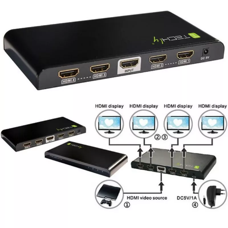 Techly Splitter HDMI 4-fach 4K*2K IDATA HDMI-4K4, HDMI, 4x HDMI, 1x HDMI F, 4096 x 2160 Pixel, Schwarz, 36 bit