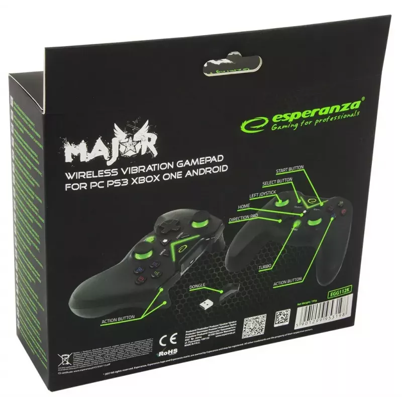 Kabelloses Gamepad ESPERANZA EGG112K 2,4 GHz für PC und PS3, USB-Empfänger, schwarz, 12 Tasten, analoge Sticks
