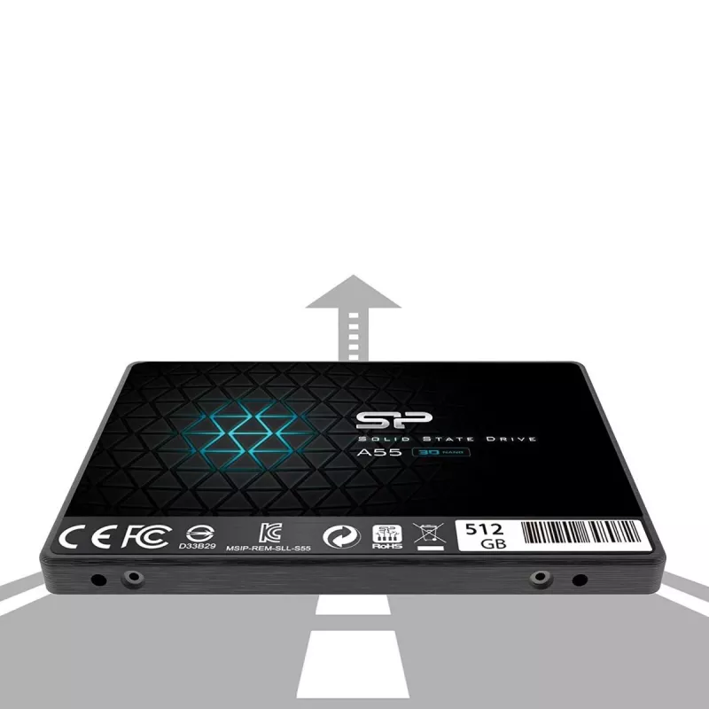 2.5 Zoll SATA III SSD Silicon Power Ace A55 — 512 GB, 3D TLC, bis zu 560/530 MB/s, 7 mm, Schwarz