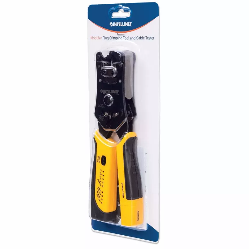 Intellinet Universal Modular Plug Crimping Tool and Kabel Tester, 2-in-1 Crimper and Kabel Tester: Cuts, Strips, Terminates and Tests, RJ45/RJ11/RJ12/RJ22