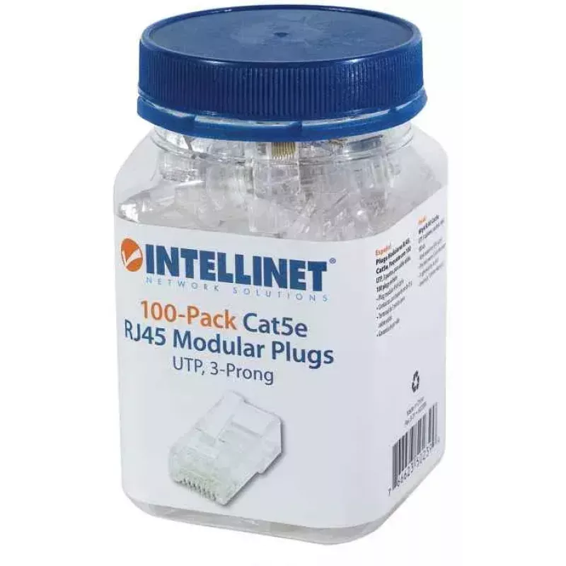 Intellinet RJ45 Modularstecker, Cat5e, UTP, 3-zackig, für Volldraht, 15 µ vergoldete Kontakte, 100er-Pack