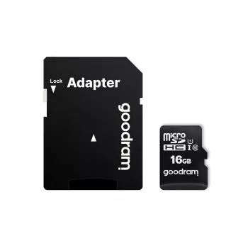 MicroSDHC-Speicherkarte GOODRAM 16 GB Class 10 UHS-I (U1), Lesen 100 MB/s, Schreiben 10 MB/s, magnetgeschützt, mit SD-Adapter