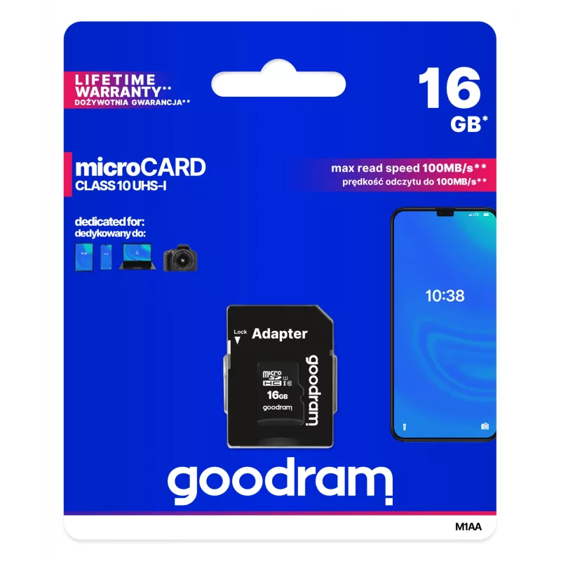 MicroSDHC-Speicherkarte GOODRAM 16 GB Class 10 UHS-I (U1), Lesen 100 MB/s, Schreiben 10 MB/s, magnetgeschützt, mit SD-Adapter