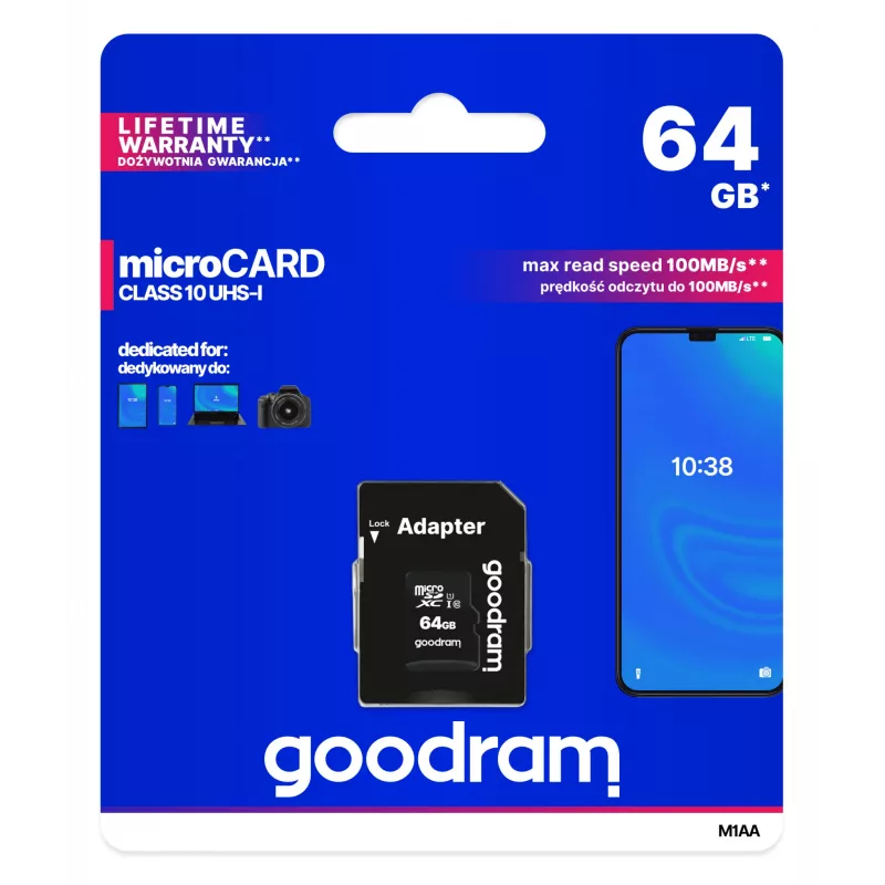 MicroSDXC-Speicherkarte GOODRAM 64 GB UHS-I Class 10 (U1), Lesegeschwindigkeit 100 MB/s, Schreibgeschwindigkeit 10 MB/s, mit SD-Adapter, schwarz