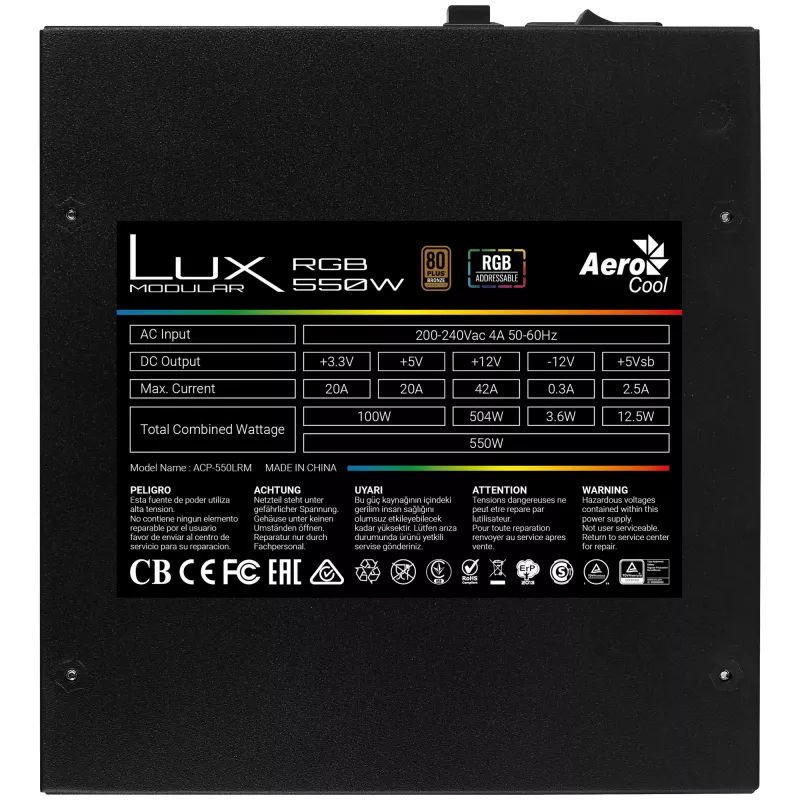 Aerocool LUXRGB550M RGB Modular PC-Netzteil 550W 80Plus Bronze 230V Schwarz