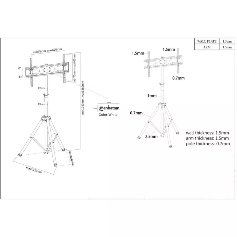 Manhattan Tripod Bodenständer für TV & Monitore, Standmontage, Für Bildschirme: 37 Zoll bis 65 Zoll, VESA-Kompatibilität: alles zwischen 200x200 bis 600x400mm - überprüfen Sie die Abmessungen der vier Befestigungslöcher auf der Rückseite des Bildschirms, um sicherzustellen, dass es passt, Max 35kg, Schwarz, LFD, Halterung