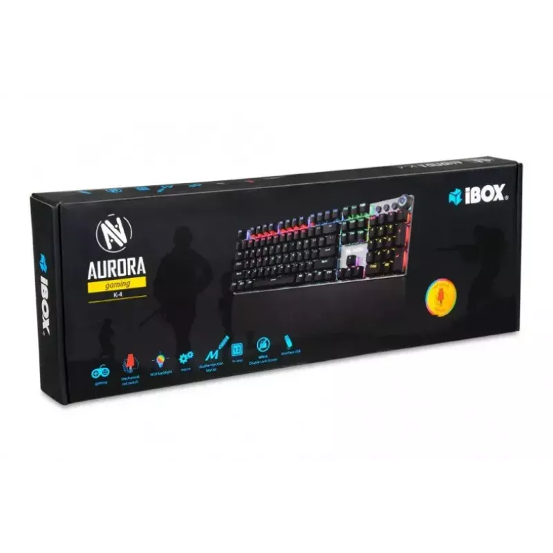 Kabelgebundene mechanische Gaming-Tastatur IBOX AURORA K-4 — QWERTY, 108 Tasten, einstellbare LED-Hintergrundbeleuchtung, wasserdicht, USB, 1,6 m Kabel
