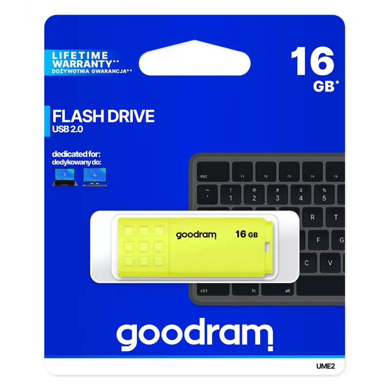 USB-Stick GOODRAM UME2 16 GB, USB 2.0 Typ-A, gelb, 51 × 21 mm
