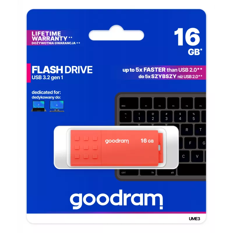 USB-Flash-Laufwerk GOODRAM UME3 16 GB USB Typ-A 3.2 Gen 1 (orange), 60/20 MB/s, kappenloses Kunststoffgehäuse
