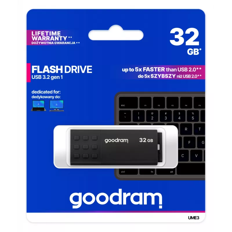 USB-Stick GOODRAM UME3 32 GB, USB Typ-A 3.2 Gen 1, schwarz, 51×21×9,6 mm
