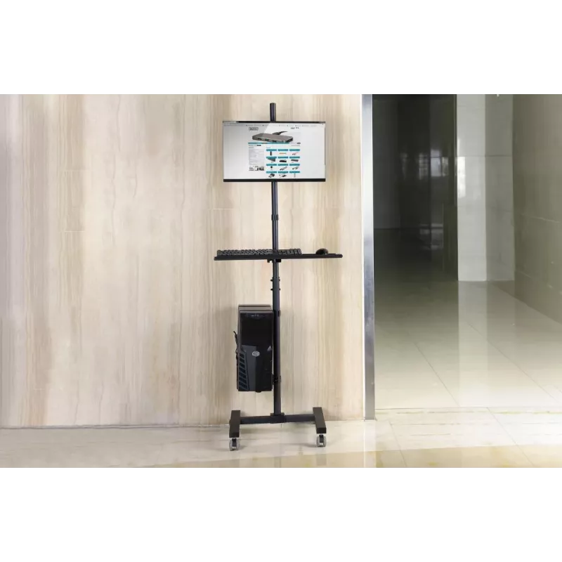 DIGITUS Mobiler Arbeitsplatz (Monitorhalterung, PC-Halter) max. 8 kg Traglast, 32-Zoll-Bildschirm – Schwarz