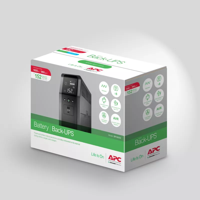 APC Back-UPS Pro, 1600VA/960W, Tower, 230V, 8x IEC C13 Steckdosen, Sinuswelle, AVR, USB Typ A + C Anschlüsse, LCD, benutzerwechselbarer Akku