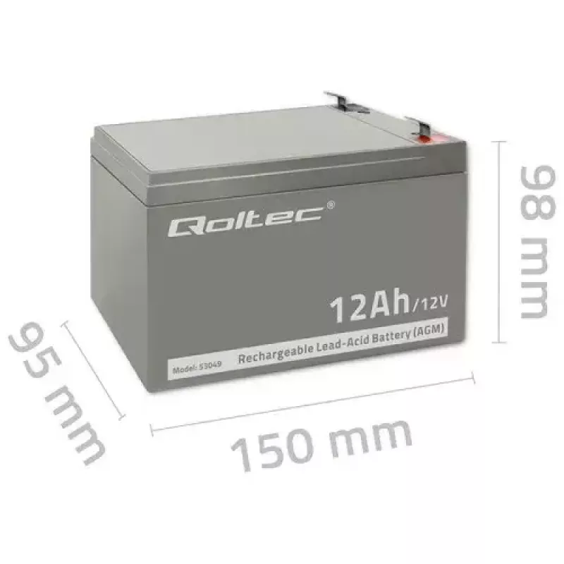 UPS-Batterie QOLTEC 53049, VRLA AGM 12 V 12 Ah, grau, 150×98×95 mm
