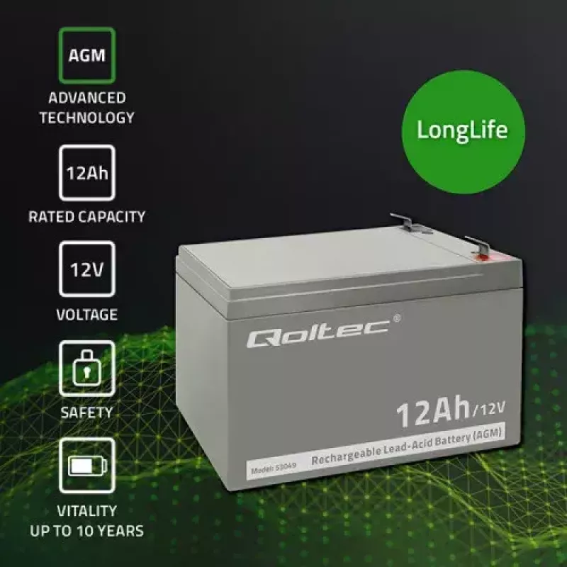 UPS-Batterie QOLTEC 53049, VRLA AGM 12 V 12 Ah, grau, 150×98×95 mm
