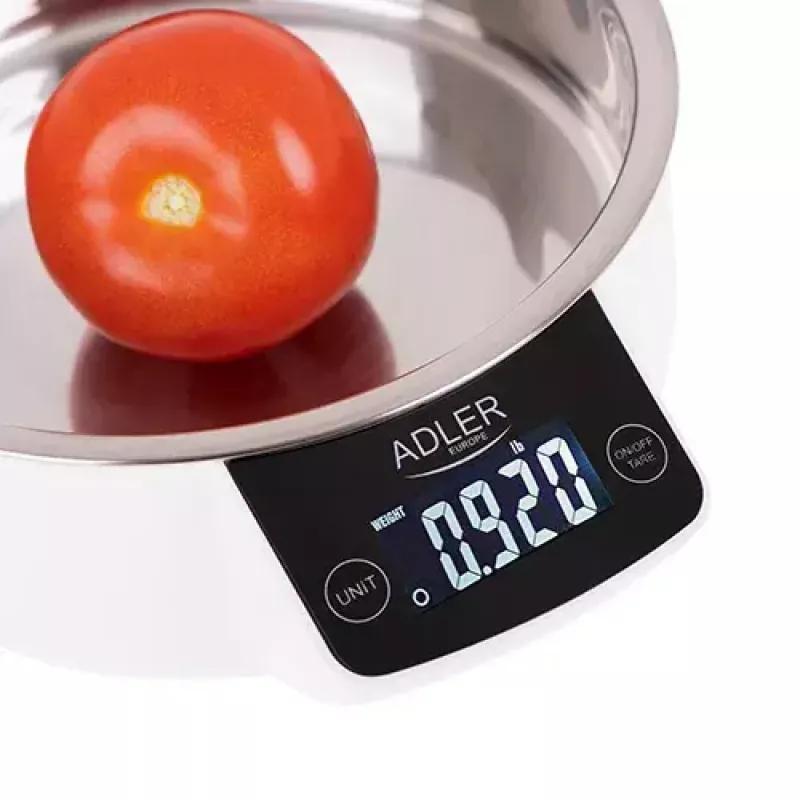 Elektronische Küchenwaage Adler AD 3166 – 5 kg Kapazität, 1 g Genauigkeit, Edelstahlschüssel 0,9 l, LCD, Timer