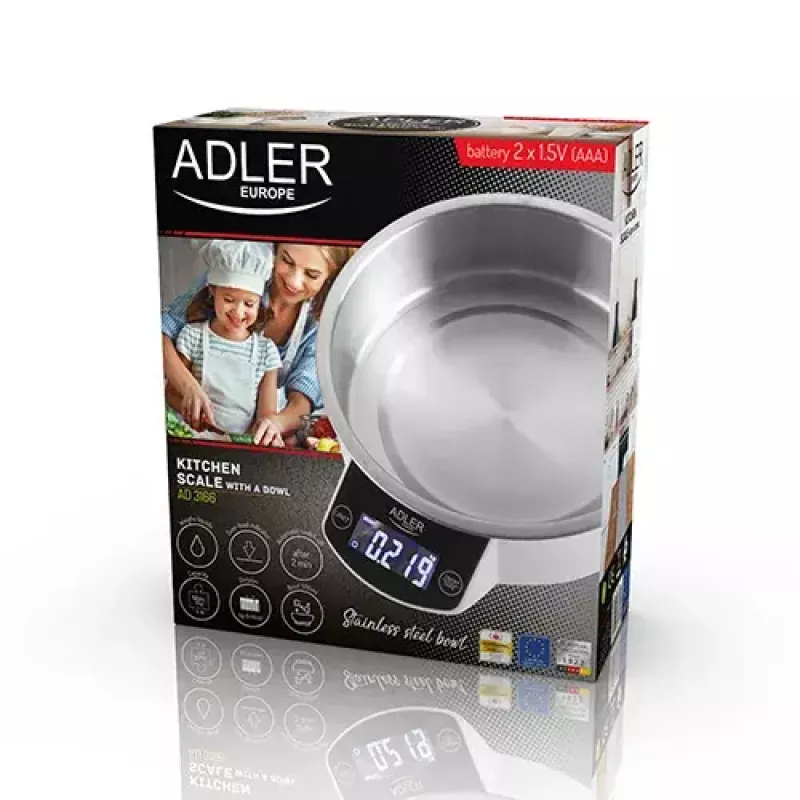 Elektronische Küchenwaage Adler AD 3166 – 5 kg Kapazität, 1 g Genauigkeit, Edelstahlschüssel 0,9 l, LCD, Timer