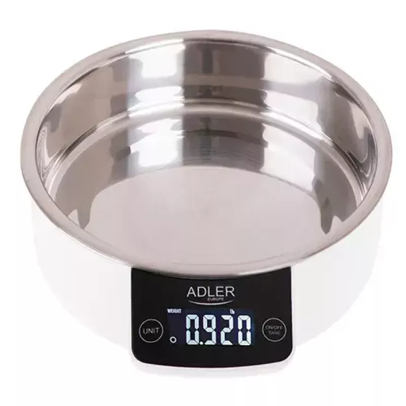Elektronische Küchenwaage Adler AD 3166 – 5 kg Kapazität, 1 g Genauigkeit, Edelstahlschüssel 0,9 l, LCD, Timer