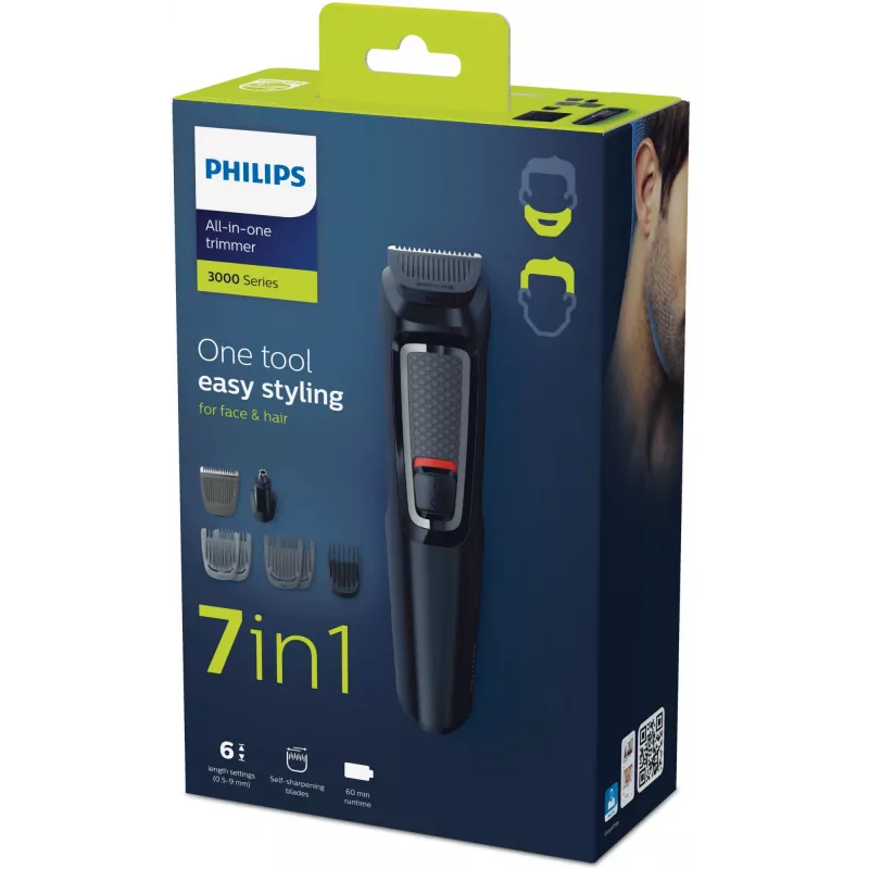 Multigroom-Trimmer Philips MG3720/15 7-in-1 — 7 Aufsteckkämme, Edelstahlklingen, 60 Min. Laufzeit, NiMH-Akku, Schwarz