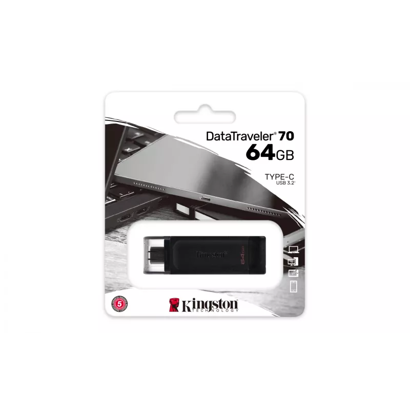 Kingston Technology DataTraveler 64GB USB-C 3.2 Gen 1 70, 64 GB, USB Type-C, 3.2 Gen 1 (3.1 Gen 1), Cap, 7 g, Schwarz