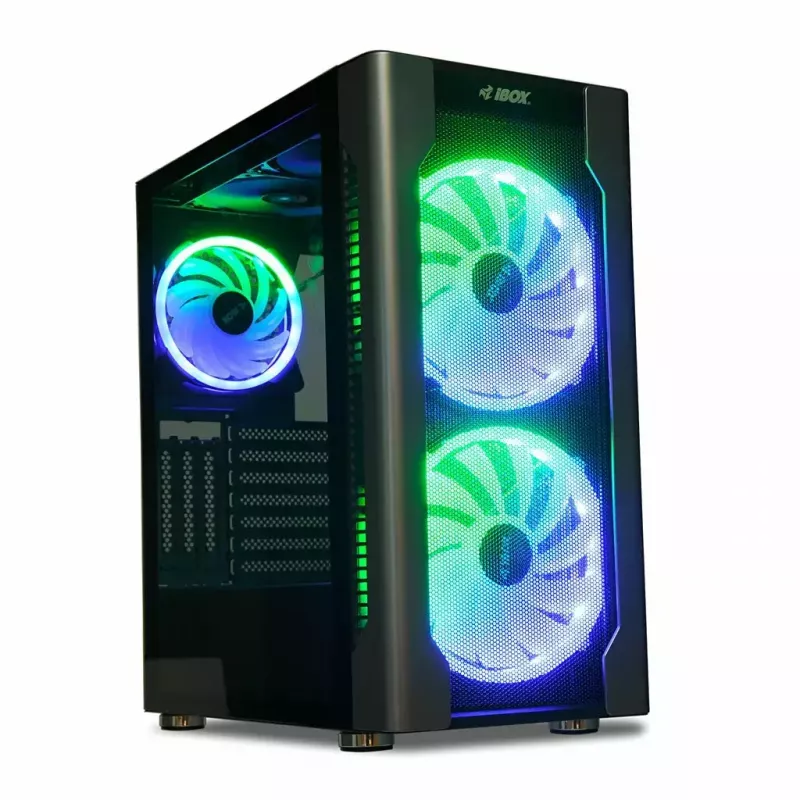 PC-Gehäuse IBOX Chiron ZH68 Gaming, ATX Midi-Tower, EATX-Support, schwarz, Seitenfenster, Beleuchtung