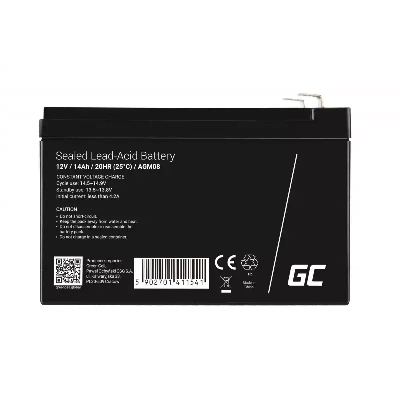 Wiederaufladbare AGM-versiegelte Blei-Säure-Batterie Grün Cell AGM08 12 V 14000 mAh, 98×151×95 mm, 3,45 kg