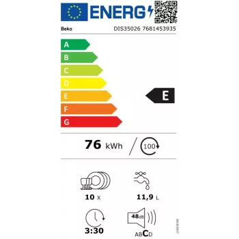 Einbau-Geschirrspüler BEKO DIS35026 — schmal 45 cm, 10 Maßgedecke, 48 dB, 5 Programme, Energieklasse E