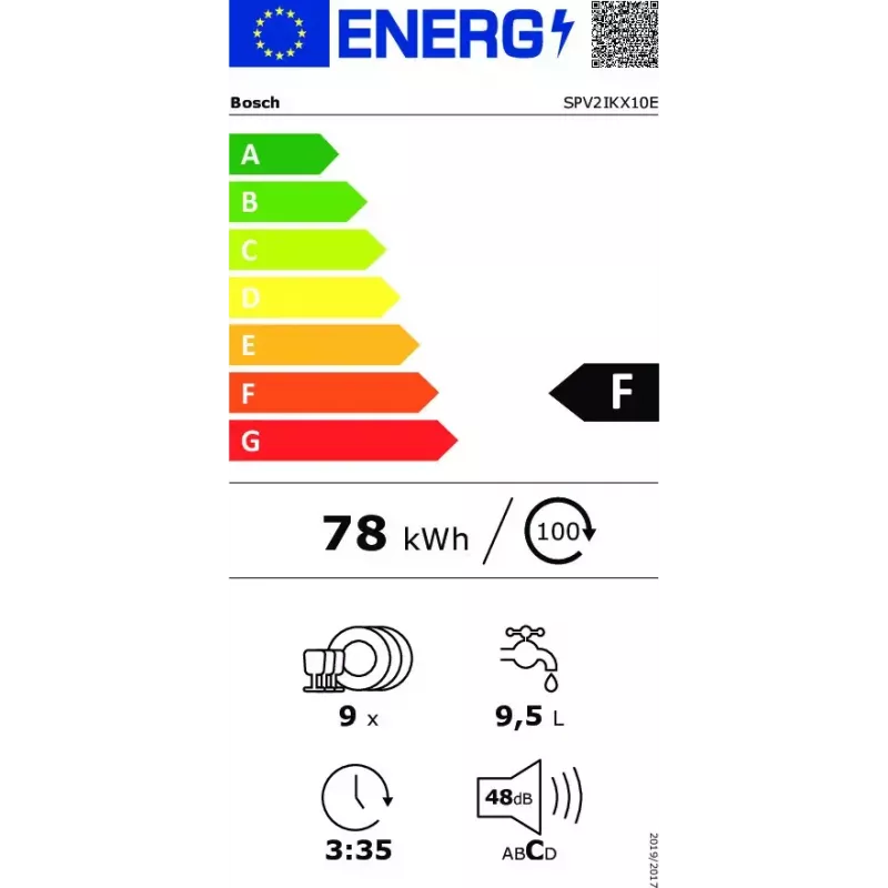 Einbau-Geschirrspüler Bosch Serie 2 SPV2IKX10E, schmal 45 cm, 9 Maßgedecke, 48 dB, 5 Programme, Edelstahl-Innenbehälter