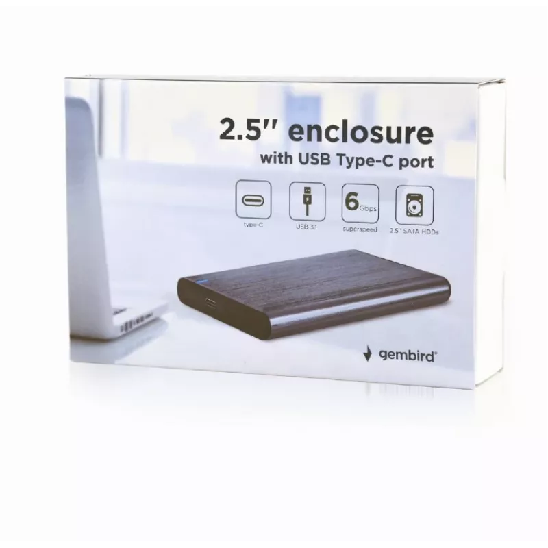 GEMBIRD USB 3.1 2,5 inch SATA HDD-Gehäuse mit Typ-C-Anschluss, gebürstetes Aluminium - Grau