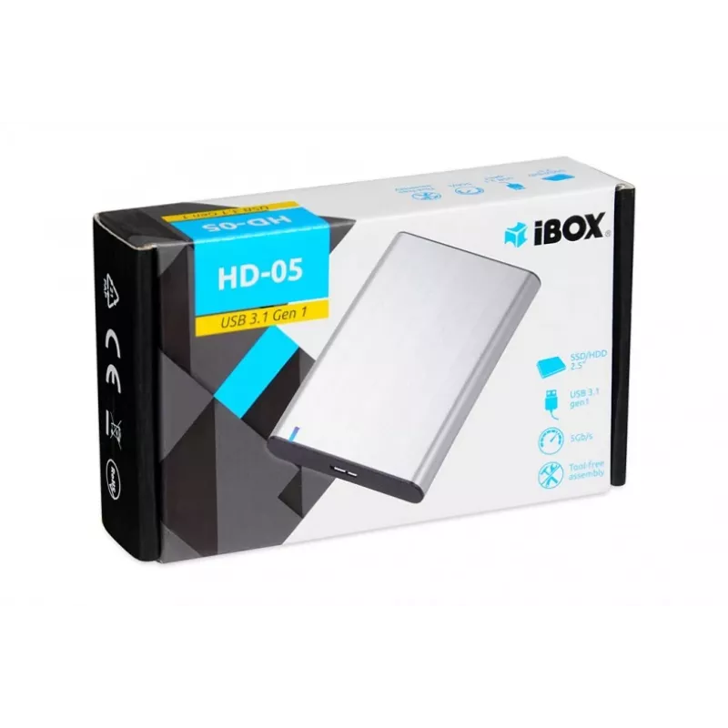 HDD/SSD-Gehäuse IBOX HD-05 — 2,5 Zoll SATA III, USB 3.2 Gen 1 (5 Gbit/s), Micro-USB B, bis zu 10 TB, grau