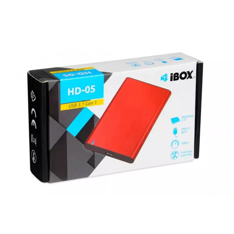 HDD/SSD-Gehäuse IBOX HD-05 Rot 2,5 Zoll — USB 3.2 Gen 1 (5 Gbit/s), JMicron JMS578, bis zu 10 TB