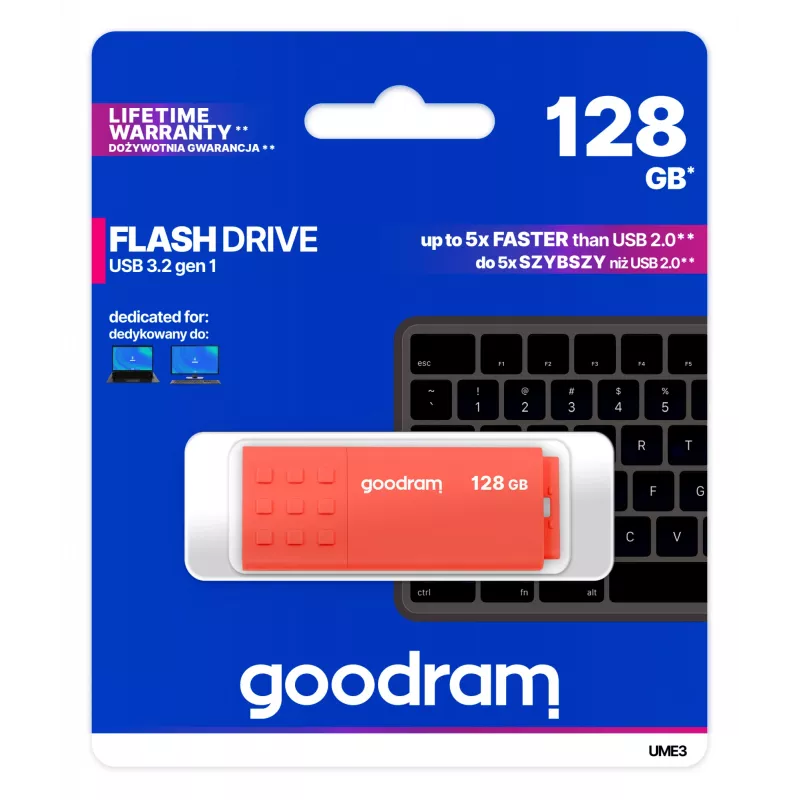 USB-Stick GOODRAM UME3 128 GB USB Type-A 3.2 Gen 1, orange, kappenlos, 60/20 MB/s