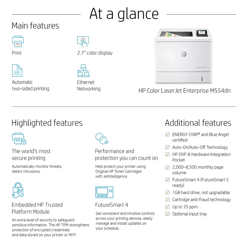 HP Color LaserJet Enterprise M554dn Drucker, Laser, Farbe, 1200 x 1200 DPI, A4, 33 ppm, Duplexdruck