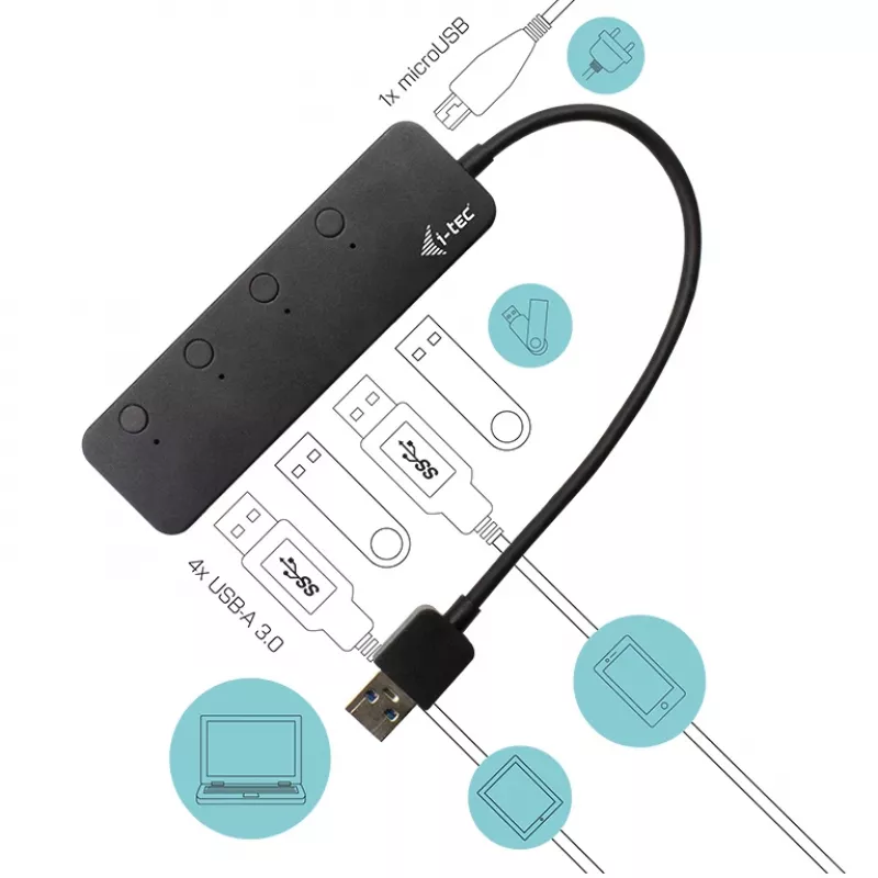 USB Hub i-tec USB 3.0 Metal HUB 4 Port mit einzelnen Ein-/Ausschaltern