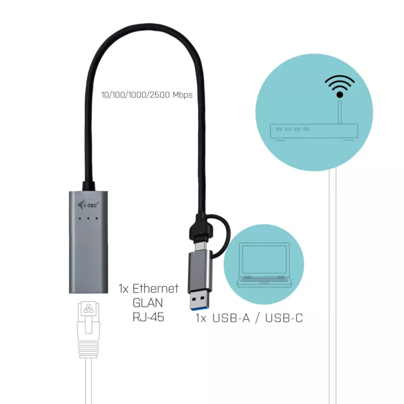 “i-tec Metal USB-C/USB-A 2.5Gbps Ethernet” Adapter, kabelgebunden, USB Type-A/USB Type-C, Ethernet, 2500 Mbit/s, Grau