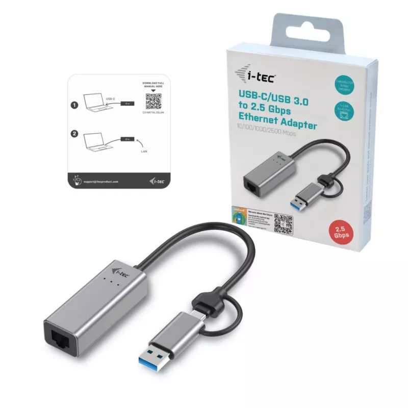 “i-tec Metal USB-C/USB-A 2.5Gbps Ethernet” Adapter, kabelgebunden, USB Type-A/USB Type-C, Ethernet, 2500 Mbit/s, Grau