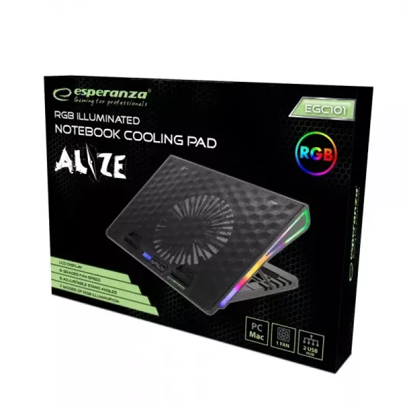 Notebook-Kühlpad ESPERANZA EGC101 — 1 Lüfter 18 cm, 76 cfm, 800 U/min, 5 Höhenpositionen, LCD, USB-betrieben