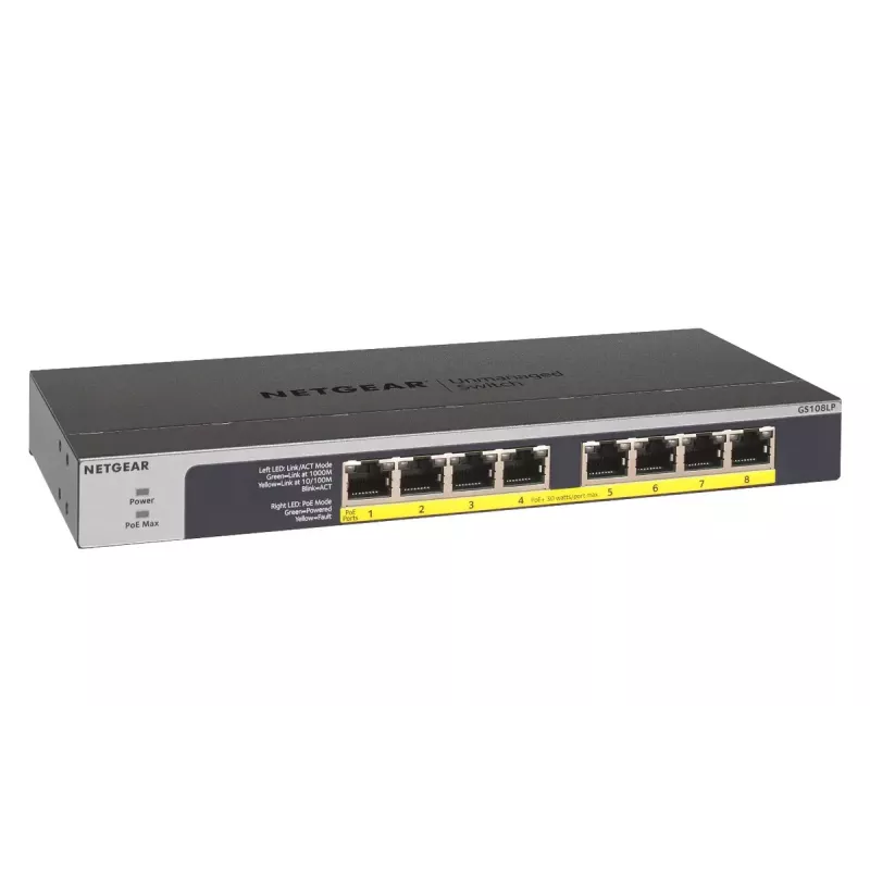 NETGEAR GS108LP Unmanaged Gigabit Ethernet (10/100/1000) Power over Ethernet (PoE) 1U Schwarz, Grau