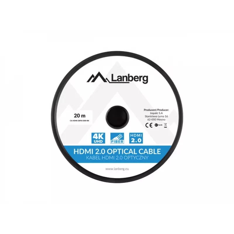 HDMI-Kabel LANBERG CA-HDMI-20FB-0200-BK 20 m, HDMI 2.0, Typ A Stecker–Stecker, 18 Gbit/s, 4K@60Hz (3840×2160), HDR, ARC, Ethernet