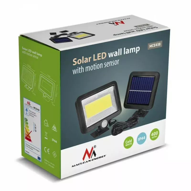 Solar-LED-Außenfluter MACLEAN MCE438, 5 W, 400 lm, IP44, Li-Ion 5,2 V, wandmontiert, weißes Licht, schwarz