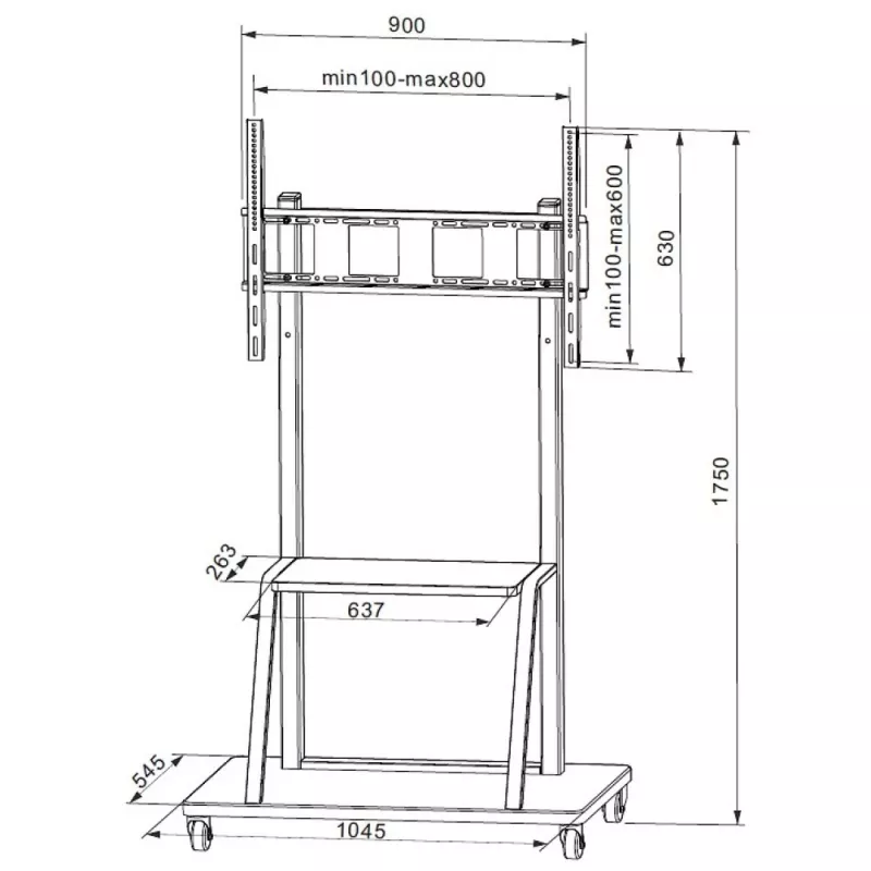 Tragbarer Flachbildschirm-Bodenständer TECHLY Signage Display Mount ICA-TR30 — für 55 bis 100 Zoll Bildschirme, VESA 1200x600, max. Belastung 150 kg, Rollen, schwarz