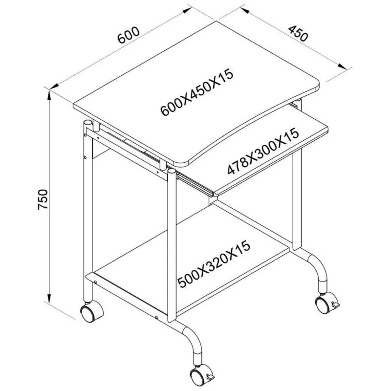 Computertisch TECHLY Compact ICA-TB S005 — kompakter Computertisch, MDF-Tischplatte, Tastaturauszug, Rollen, 600×450×750 mm, Buche