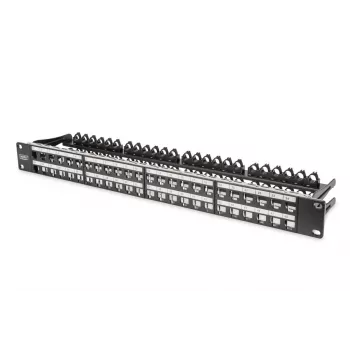 DIGITUS Modular Patch Panel, geschirmt 48-Port, Beschriftungsfeld, 1U, Rackmontage, Farbe schwarz RAL 9005