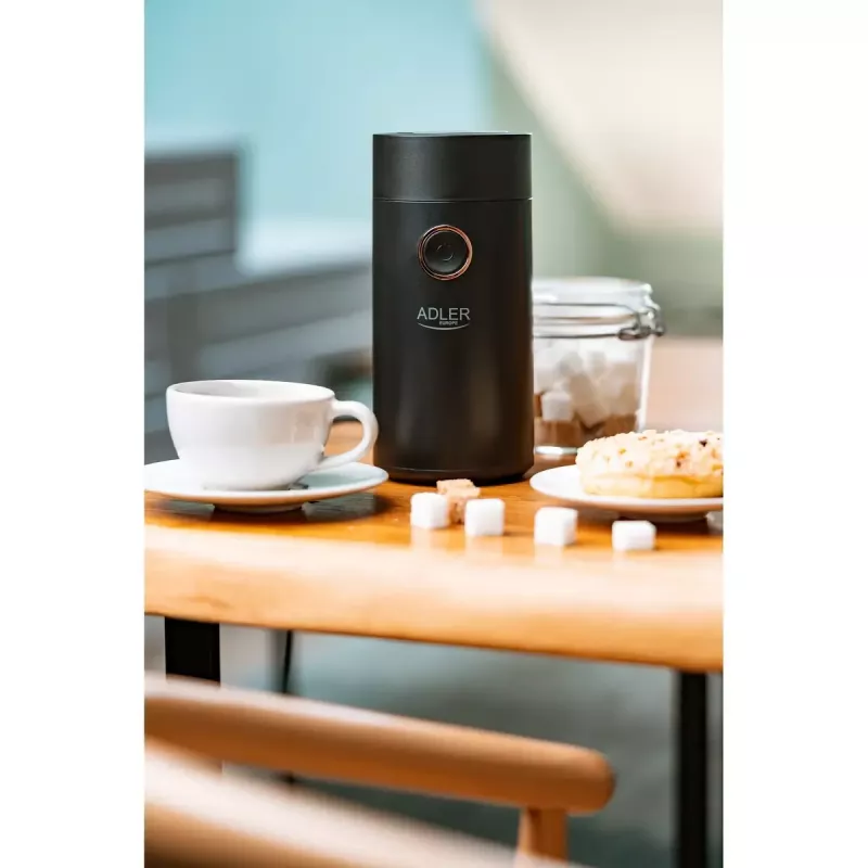 Kaffeemühle mit Kegelmahlwerk Adler AD 4446bg — 150 W, 75 g Bohnenbehälter, Edelstahl-Mahlwerk, Tastensteuerung, schwarz