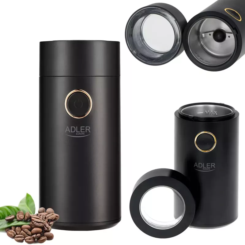 Kaffeemühle mit Kegelmahlwerk Adler AD 4446bg — 150 W, 75 g Bohnenbehälter, Edelstahl-Mahlwerk, Tastensteuerung, schwarz