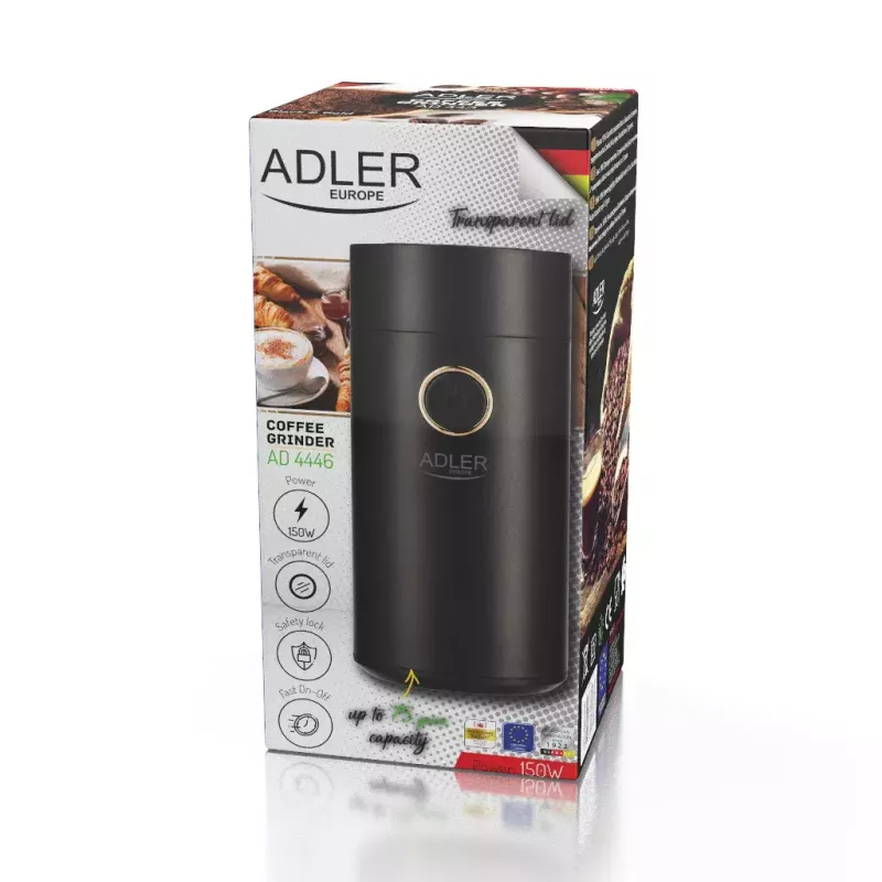 Kaffeemühle mit Kegelmahlwerk Adler AD 4446bg — 150 W, 75 g Bohnenbehälter, Edelstahl-Mahlwerk, Tastensteuerung, schwarz