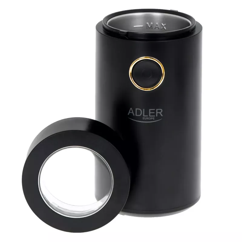 Kaffeemühle mit Kegelmahlwerk Adler AD 4446bg — 150 W, 75 g Bohnenbehälter, Edelstahl-Mahlwerk, Tastensteuerung, schwarz