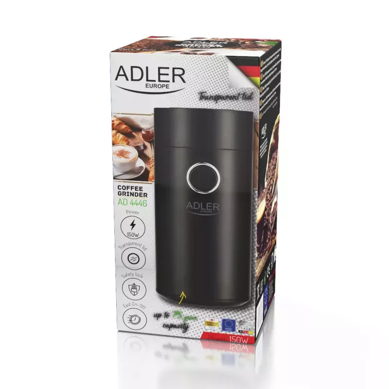 Burr grinder Adler AD4446BS — 150 W, stainless steel burrs, 75 g bean hopper, Schwarz