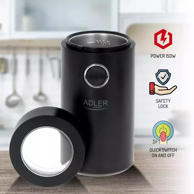 Burr grinder Adler AD4446BS — 150 W, stainless steel burrs, 75 g bean hopper, Schwarz